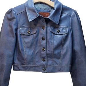 Miss London Steel Blue Faux Leather Cropped Lined Button Down Jacket, EUC, Sz M